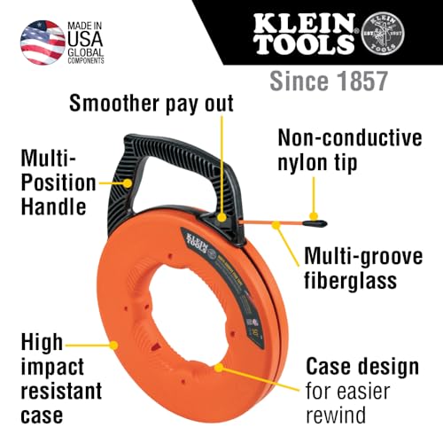 Klein Tools 56383 Non-Conductive Electrical Fish Tape, Multi-Groove Fiberglass Wire Puller, Nylon Tip, Optimized Housing and Handle, 100-Foot - Thumbnail 2