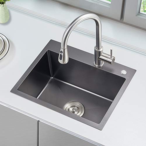 Rovate 22 X 18 Inch Topmount Kitchen Sink Single Bowl, Handmade Durable Dark Grey Black Nano Titanium Plating Sus304 Stainless Steel Drop-In Kitchen Sink #TOP11