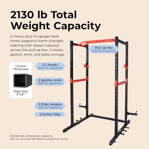 Sunny Health & Fitness Full Size Power Cage for Home Gym Training | Squats, Presses & Pull-Ups, Reversible Pull-Up Bar, Numbered Heights, 6 Band Pegs, Plate Storage, 2130 lb Rack - image 3
