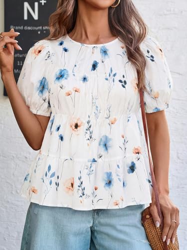 Image of Tankaneo Womens Puff Sleeve Peplum Babydoll Tops Summer Flowy Pleated Cotton T-Shirts Casual Loose Fit Cute Blouse