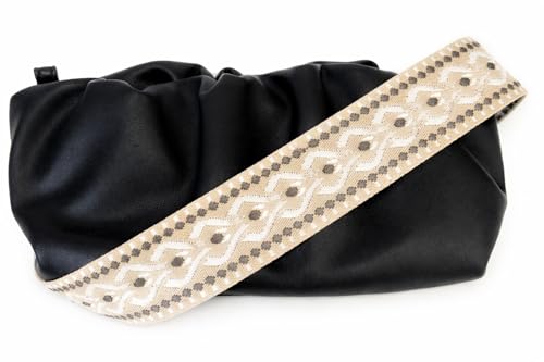 Image of White Geometric Jacquard Purse Strap with Light Gold Hardware 2 Inch Wide Replacement Crossbody Guitar Style Adjustable Shoulder Strap for Handbags Totes