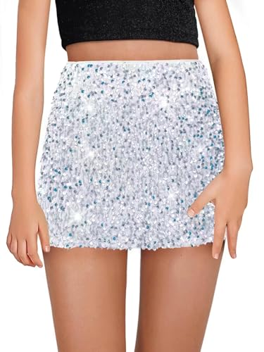 CharmWM Girls Sequin Skirt Kids Fashion High Waisted Sparkle Glitter Party Short Dress Mini Skirts 5-14 Years White