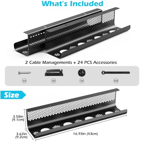 Cable Management Under Desk 26PCS - Cable Management Tray Kit Ventilated Hexagonal Design with Cable Clips, Wire Ties, Cord Holder & Screws for Office, Home - 2 Black Sets - Image 5
