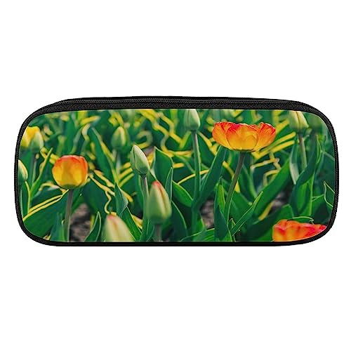Fionel Red-And-Yellow-Tulips Pu Leather Quad Pen Case Zipper Pencil Pouch Holder For Pens Case Office Storage Box Organizer Pen Bag(8×1.5×3.5 In) #TOP19