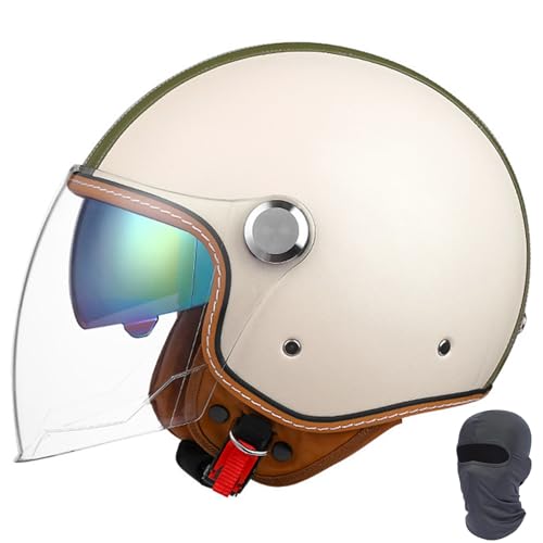 3/4 Jethelm Beige Damen, Retro Leder Motorrad Jethelm DOT/ECE geprüft, mit Doppelvisier, Leichter Halbschalenhelm for Roller Moped Motorrad(Beige C,XXL(62~64cm))