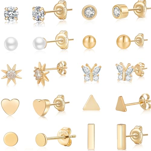 Gold Stud Earrings for Women Hypoallergenic 14K Gold Plated Stud Earrings Sets Gold Ball Stud Earrings for Women, stud-MIX-10-G-ZH-1394