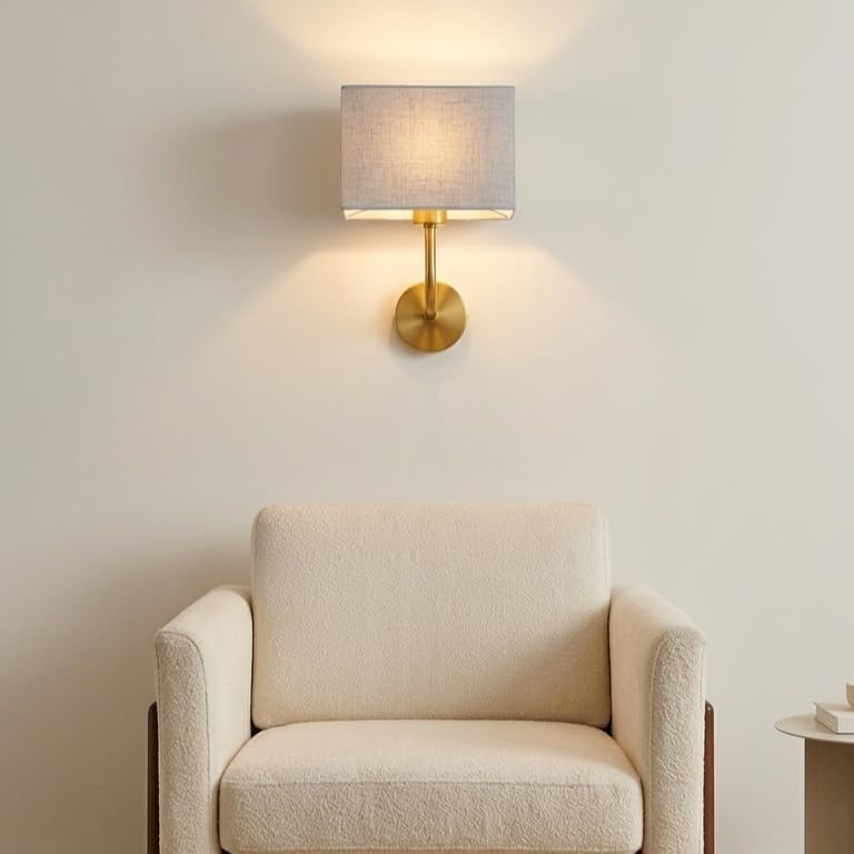 Image of Premium Gold Wall Lamp | Rectangular White Linen Fabric Shade Wall Sconce | Decorative Lighting for Bedroom Living Room Hallway Dining Office Restaurant Hotel | Without Bulb
