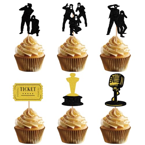 24pcs Paparazzi Party Decorations Red Carpet Cupcake Toppers Movie Theme Decors Golden Black for Night Party Supplies