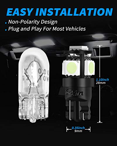 Yorkim 194 LED Bulbs Ice Blue Super Bright 5th Generation, T10 168 LED Bulb for Car Interior Dome Map Door Courtesy License Plate Lights W5W 2825, Pack of 10