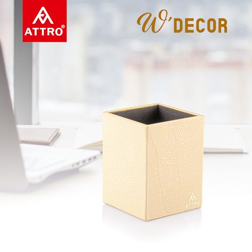 Image of Attro Pen Stand Wooden Designer Square Pen Holder Multipurpose Wooden Desk Organizer Perfect for Study Table, Office Desk- Cream