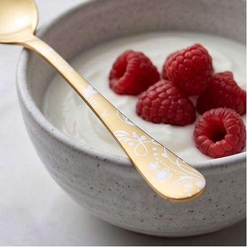 Image of 6.7 inch Aurum Gold Dessert Spoons with Floral Printed Handle | Set of 5 Durable Stainless Steel Teaspoons | Mirror Polished Silverware for Home, Restaurants, and Gift Giving