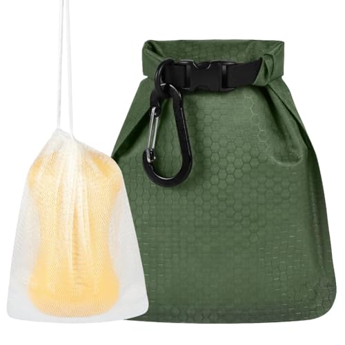 vsshe Reise Seifentasche Wasserdicht, Travel Mobiler Seifenbehälter, Professioneller Reiseseifentasche mit Karabiner & Schaumnetz für Camping, Outdoor, Reise Schnelltrocknend & Auslaufsicher, Grün