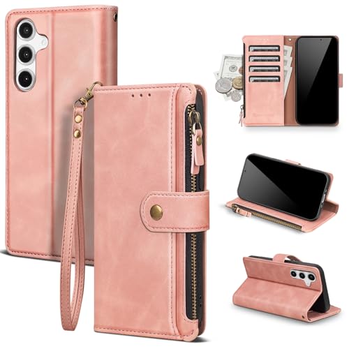 Scutumate Compatible with Samsung Galaxy S25 Wallet Case with Card Holder RFID Blocking Zipper PU Leather Flip Protective Cover Wrist Strap Credit Card Slots Men Women,for S25 6.2",Rose Pink by Scutumate - Used condition - US$12.62