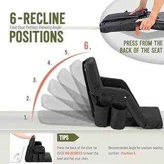 Overmont Stadium Seat with Back Support – 6-Position Recliner, Extra Wide Cushion, Dual Hooks, Backpack Straps, and Multiple Pockets – Bleacher Chair for Sports Events, Beaches, Camping, Concerts