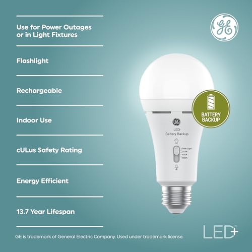 Image of GE LED+ Backup Battery LED Light Bulbs, A21 Rechargeable Light Bulbs for Power Outages and Emergencies, Flashlight, 3 Color Temperatures (2 Pack)