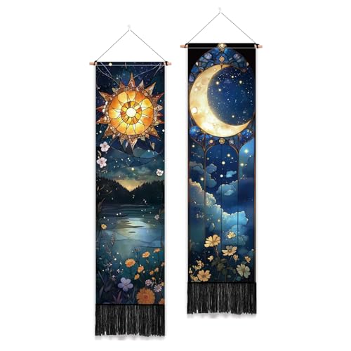 PLIGREAT 2 Pack Tapisserie Soleil Lune avec Glands Vitrail Esthétique Tenture murale Fleur verticale Maison Art Tapisserie pour chambre Salon Salle de bain...