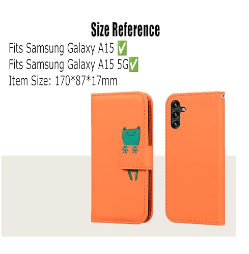 Skyhewen for Samsung Galaxy A15 Case, PU Leather Flip Wallet Cute Case for Women Girls with [Kickstand] [Magnetic Clasp] [Card Holder] [Animal Pattern] for Samsung Galaxy A15, Orange & Frog