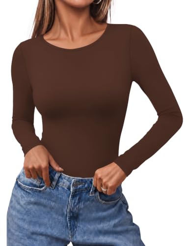 Ekouaer Long Sleeve Shirts for Women Scoop Neck Tight Slim Basic Fitted Top - image 1