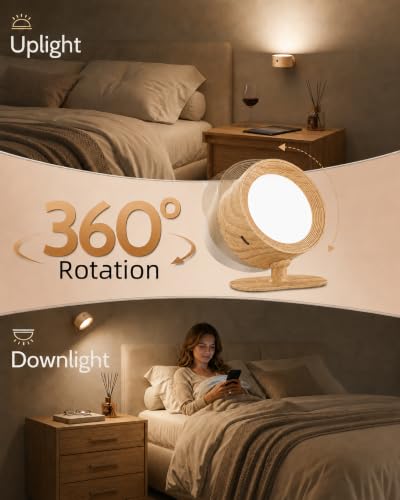 Image of LED Wall Mounted Lights, Rechargeable Wall Sconces Lamp, 3 Color Temps & Remote and Touch, 360Rotation Dimmable Cordless Wall Light for Study Bedroom Reading Bedside(Wood, 3Pack)
