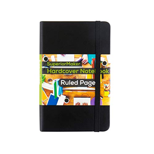 Small Pocket Notebook, Black Leather Bound, Hardcover Bound Many Page Journal, Mini Premium Paper Sticker Notepad, Elastic Closure, College Ruled/Lined, for Kids and Adults, 3.5 x 5.5in