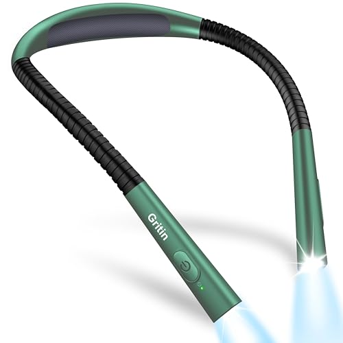 Gritin Book Light, Rechargeable Neck Light for Reading - 4-Color&5-Brightness,Bendable Arms,30-min Timer,80+ Hrs Runtime,Neck Curve Fit Ergonomic Design, Comfortable for Repairing etc-Dark Green
