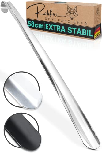 Robfox Edelstahl Schuhlöffel lang - 58cm langer Schuhloeffel - Extra stabil Metall Schuhanzieher kurz - Premium Schuhanziehhilfe perfekt für jeden Schuh - Schuhlöffel Metall lang (silber glanz) Cover