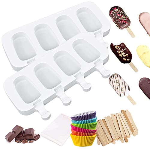 YINVA Molde de helado de 4 cavidades para helados, paquete de 2, molde de paleta de hielo con 50 palos de madera y 100 tazas para tartas y 50 bolsas autoadhesivas para helado para la familia Cover