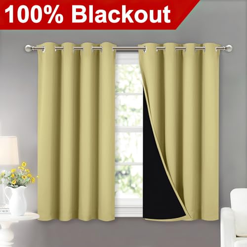 Image of NICETOWN 100% Blackout Curtains with Black Liners, Thermal Insulated Full Blackout 2-Layer Lined Curtains, Energy Efficiency Window Draperies for Dining Room (Paler Yellow, 2 Panels, 52 inch W by 45 inch L)