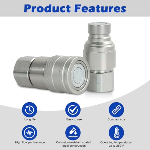 Image of 1 /2 inch Body & 1 /2 inch NPT Hydraulic Quick Connect Fittings Thread Set, Flat Face Hydraulic Couplers with Dust Caps, High Flow Skid Steer ISO 16028 Hydraulic Fittings