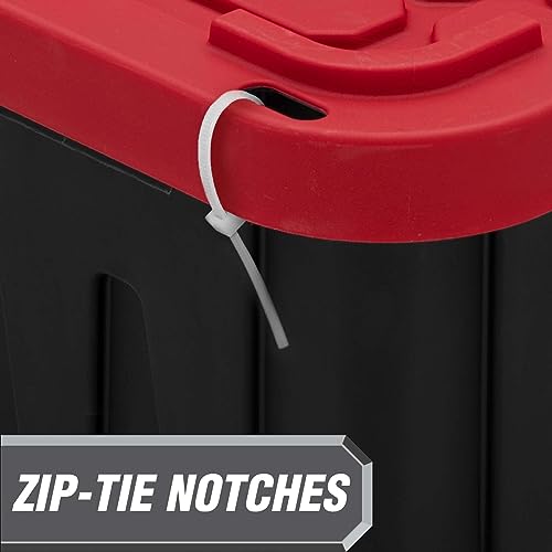 Image of Storage Bins 27 Gal Stackable with Lids 6 Pack for Garage Basement | Stackable with Lockable Lid Option - Secure stacking design with tie-down holes for zip-ties or padlocks.