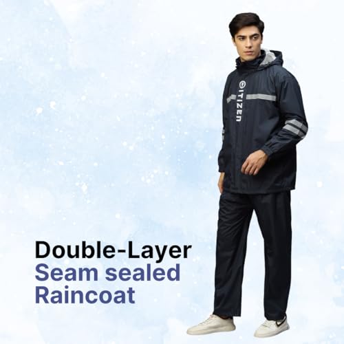 Image of Citizen Raincoat for Men with Adjustable Hood, Waterproof Pant and Carry Pouch | Reflective Strips Standard Length| Double Layered Tapping Rubberized Fabric | Durable & Lightweight Rainsuit