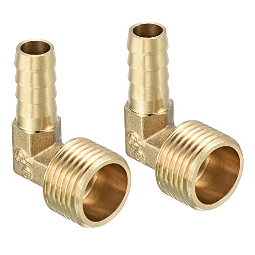 QUARKZMAN 10mm Púas a 1/2 PT Macho Rosca Tubería x 2uds 90 Grados Codo Latón Espiga Manguera Montaje para Aire Agua Combustible Neumática Manguera, Oro