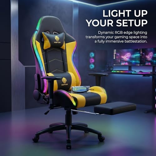 Image of RAPTOR NEXUS RGB Gaming Chair with Bluetooth Speakers, Full-Body Multi-Zone Massage, Recliner with Footrest, 3D Armrests & LED Lighting | Ergonomic PU Leather Gaming Chair for Gaming & Office (Yellow)