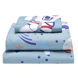 EVERYDAY KIDS Blast Off in Outer Space Twin Size Bed Sheet Set for Kids with Galaxy Design of Rockets and UFOs; Boys 3-piece Twin Size Sheets Set Includes Flat Sheet, Fitted Sheet and Pillowcase