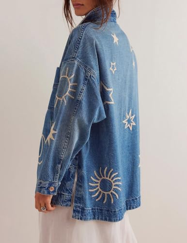 chouyatou Women's 2025 Fall Embroidery Denim Jacket Vintage Boyfriend Casual Oversized Jean Jacket3