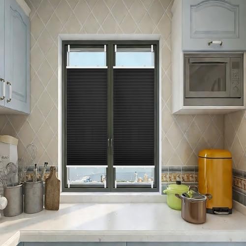 Cortinas Plisadas 110 x 70 cm Filtrado de Luz y Protección Visual Solar UV Estor Plisado sin Taladrar Opaco con Soportes de Sujeción para Cocina Baño Oficina Dormitorio, Negro