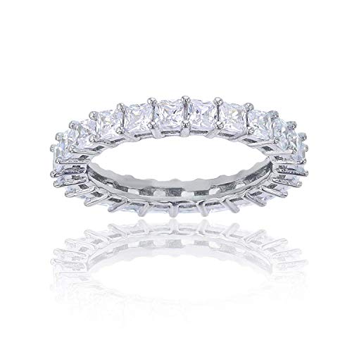 Sterling Silver 925 Rhodium Plated 2.50mm Princess Square Cut Eternity Band | Simulated Diamond Cubic Zirconia | Eternity Band Ring for Women | Gold Ring for Women | Stackable Ring | Engagement Band |