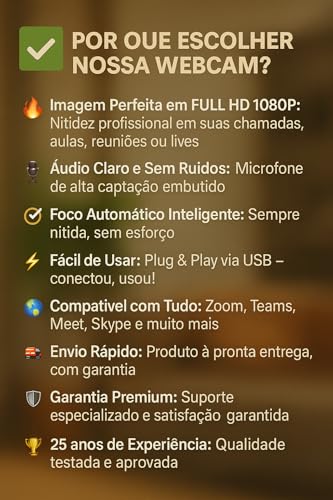 Top 1 Webcam Premium Full HD 1080p com Microfone, USB Plug & Play, Foco Automático – Para PC, Notebook, Zoom, Teams, Meet Sky