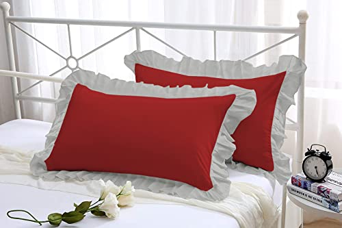 Image of YRM Bedding's Ruffle Beautiful Pillow Cover | Super Soft Elegant Premium Microfiber Frill Pillow Cover Set of 2 (20 inchx30 inch Inches) (Burgundy /Silver Grey)