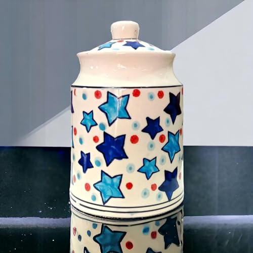 Image of Ceramic Pickle Jars For Storage Achar Chini Mati Barni Bharani Jars Jadi Jaadi Jadilu Pots Containers For Storing Salt, Tamarind Kitchen Storage With Lid, 850ML NON AIRTIGHT, Blue Stars