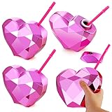 Domensi 4 Pack Heart Shaped Cup with Lid and Straw 23 oz Disco Drinking Cocktail Cups Plastic Party Wine Tumblers for Bar Valentine Birthday Tropical Luau Hawaiian Party(Pink)