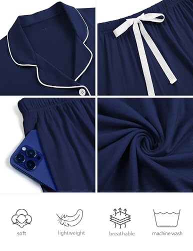 Image of ZMJ pijamas de mujer 2 Piece Sets for Women Summer Pajamas Lounge Short Sleeve Top and Shorts Pj Set Navy Blue, 3XL