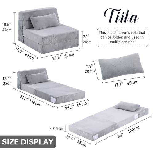 Image of Tiita Convertible Folding Kids Sofa Bed with Pillow & Storage Bag, Plush Fabric Floor Mattress Couch Bed, Washable Cover, Kids Room, Playroom, Dorm, Apartment, White Grey
