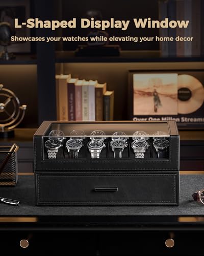 Image of ProCase Watch Box for Men, 24 Slots Watch Display Holder with Clear Acrylic Top, Large Capacity PU Leather Case with Drawer Organizer, Jewelry Storage, Ideal Gift for Men Women -Black