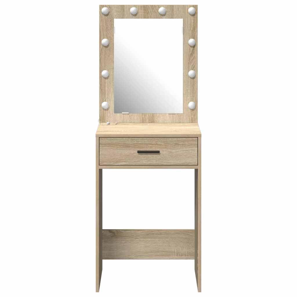 Nowoczesna toaletka dąb Sonoma z płaskim lustrem i oświetleniem LED, materiał drewnopochodny 50 x 41 x 135 cm, 2 szuflady, praktyczny stół do makijażu do sypialni i garderoby