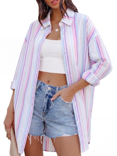 Image of FSHAOES Womens Oversized Button Down Shirts Casual Loose Long Sleeve Solid Lapel Long Blouses Tops with Pockets