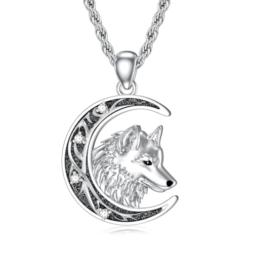 Diamond Wolf Necklace Crescent Moon Wolf Necklaces 925 Sterling Silver Animal Wolf Pendant Wolf Jewelry for Women Men Birthday Christmas Gifts