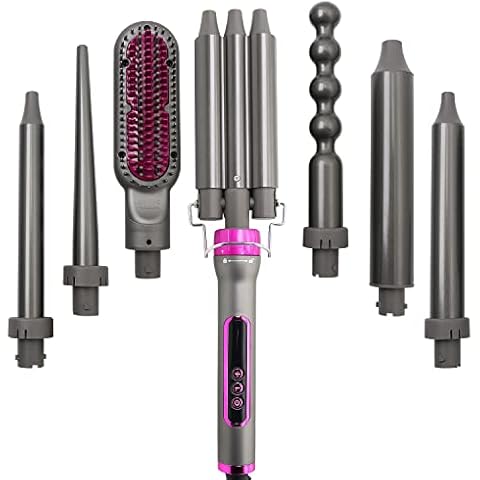 Swithun 7 in 1 Curling Iron, 3 Barrels Hair Curling Wand Set with Hair Straightener Brush, Instant Heat Up Curling Wand with LCD & Temperature Adjustment Cover