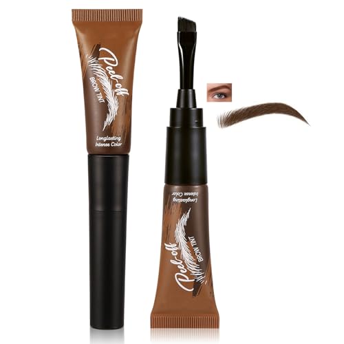 Eyebrow Tint Kit – Semi-Permanent & Waterproof – Peel Off Gel Tattoo & Dye Long-Lasting Natural Look Flat Brush for Easy Even Application Dark Shade for Women Girls（01#Warm brown）