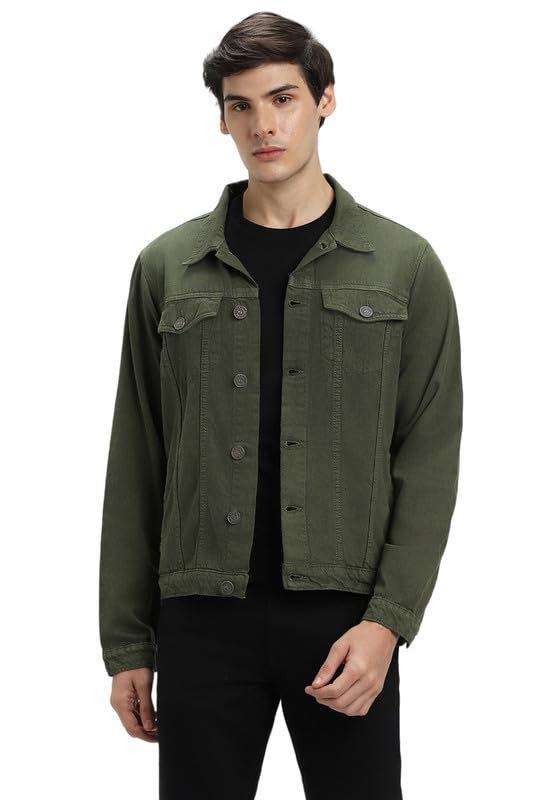 Image of DENNIS LINGO Men's Olive Washed Cotton Denim Jacket, Regular Fit Long Sleeves Regular Collar